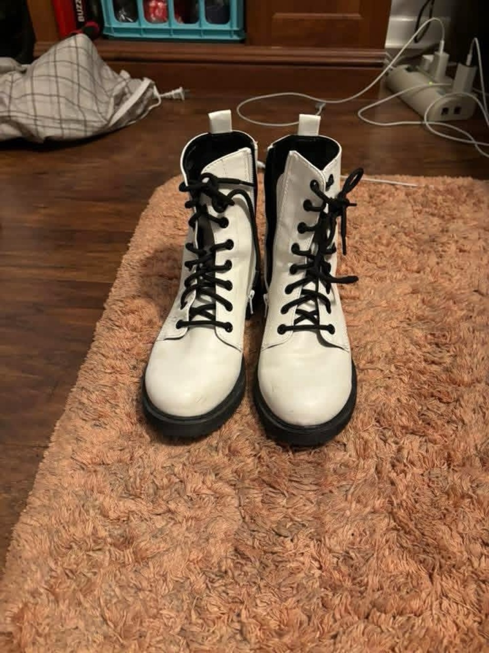 Time and Tru White Lace-Up Combat Boots with Black Trim